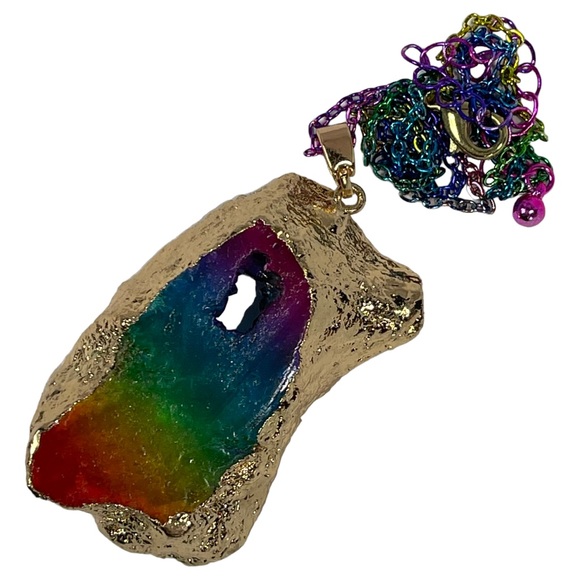 Rainbow Agate Pendant wrapped in gold on rainbow metal chain NEW - Picture 4 of 11